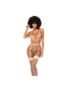 Floral Embroidered Teddy w/Underwire Cup & Garters Pink X-Large